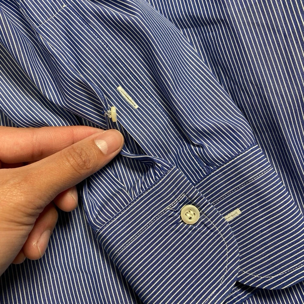 Ermenegildo Zegna Shirt 16.5 42 L/S Button Down Blue White Fine Stripe FLAWS - Picture 10 of 12
